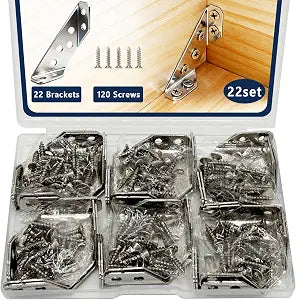 22-Pack Stainless Steel L Bracket with 120 Pieces Self-Tapping Screws, Universal Triangular Support Corner Bracket for Wood Furniture, L Brackets for Shelves, Drawers, Cabinets, Tables, and Chairs