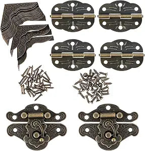 96PCS Engraved Latch Hasp Small Hinges for Wooden Box Jewelry Right Hook Hinges and Box Corner Protectors Hardware Kit Vintage Bronze Hinge with Matching Screws for Decorative Cabinet Small Wooden Box