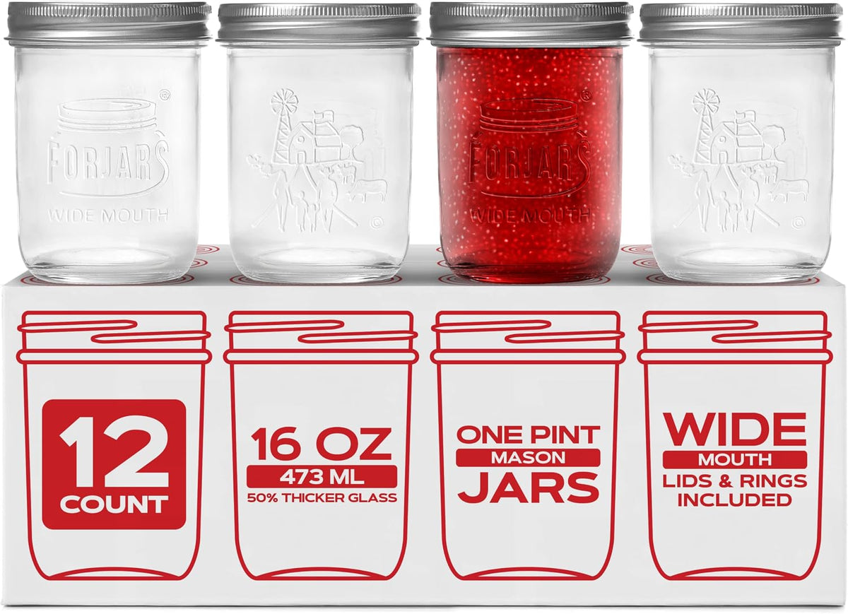 FORJARS Premium Mason Jars with Lids - 16oz | Wide Mouth Canning Jars | 12-Pack Glass Jars for Jam, Jelly, Pickling, Food Storage, Freezer Safe, Airtight Bulk Set