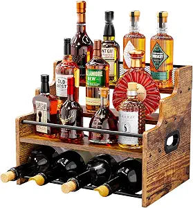 KLM 4-Tier Liquor Bottle Display Shelf,Rustic Brown Bottle Organizer