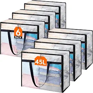 Lifewit 6 Pack Clear Storage Bags, 45L Clothes Organizer with Zipper