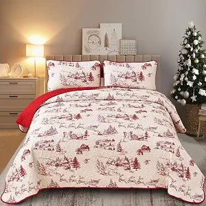 Yiran Christmas Quilts Set King, Christmas Bedspread, Red White