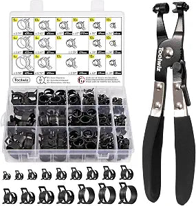 Toolwiz 130Pcs 6-25mm Spring Band Hose Clamps Assortment with Clamp Plier