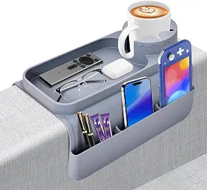 Couch Cup Holder Tray - Wide (6"+)  Silicone Sofa Armrest Tray with Dual PocketsCouch Arm Tray Anti-Slip Organizer for Drinks, Phone, Remote, Snacks | Heat Resistant for, Recliner, Car