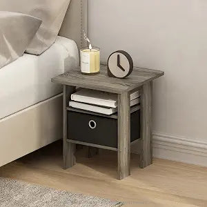 Furinno TIDUR 3-Tier Night Stand, Nightstand with Storage Bin, French Oak