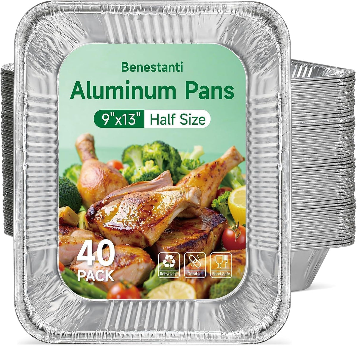 9x13 Inch Aluminum Pans (40 Pack) - Disposable Half-Size Foil Pans, Deep Tin Foil Pan, Disposable Baking Pans for Cooking, Heating, Storing & Prepping Food, Steam Table Deep Trays, Oven-Safe