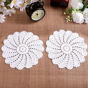 2pcs Cloth Doilies for Tables Vintage Crochet Doilies, 7~7.9inch Round Cotton Lace Table Placemats, Crochet Round Handmade Lace Cloth Fabric Placemats for Home Dining Wedding Party Dessert Decoration