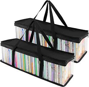 CD Storage Bags (2 Pack) - Transparent PVC Media Storage - Water Resistant CD Holder Case with Handles - Clear Plastic Carrying Game Bag Storage for CDs, Albums, Video Games, Books - Stock Your Home