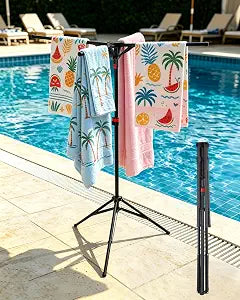 Metal Pool Towel Stand, Foldable Outdoor Towel & Swim Gear Storage Rack, Stable Tower Holder with Tripod Base, Matte Metal Frame for Backyard, Beach Indoor Drying Arrangement