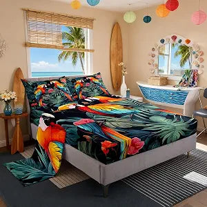 Manfei Tropical Birds Fitted Sheet Set Full Size 4 Pcs,Jungle Parrot Bird Wild Animal Teens Sheets,Green Palm Leaves Nature Botanical Bedding Sets (1 Fitted,1 Flat,2 Pillowcases)