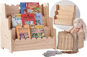 Kids Bookshelf Storage 3-Tier Scalloped Wooden Book Case for Kids Rooms, MontessoriBookshelf for Toddlers & Baby, Solid Wood Organizer for Small Nursery & Classroom