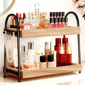 Bathroom Vanity Organizer Countertop 2-Tier Waterproof 20+ Bottles 8 Hooks