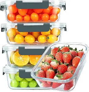 KOMUEE 30 oz 5 Pack Glass Meal Prep Containers with Lids, Gray
