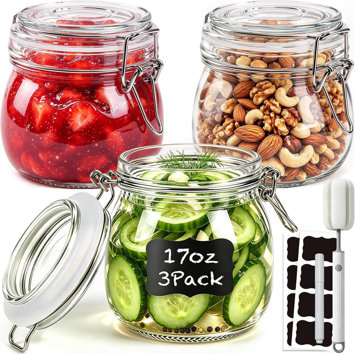 17oz Glass Jars with Airtight Lids 3 Pack, Wide Mouth Storage Canisters
