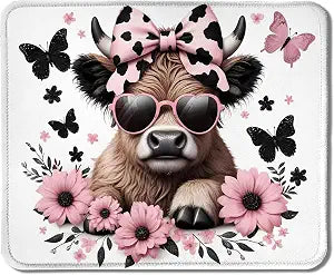 Highland Cow Mouse Pad, Coquette Pink Bow Floral Cow Mouse Pads for Wireless Mouse Computers Laptop Desk Accessories, 9.5x7.9 Inch