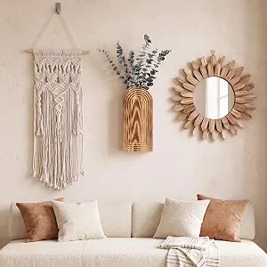 Novabright 9 Pcs Boho Decor Set Rustic Wood Boho Aesthetic Mirror Wooden Wall Vase Macrame Woven Wall Hanging 6 Pcs Eucalyptus Stems for Living Room Bedroom Home Party Wedding Decoration
