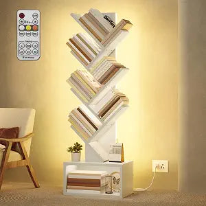 Hoctieon 6 Tier Tree Bookshelf with LED Lights, Small Bookcase, Freestanding Book Shelf, Display Floor Standing Storage Shelf, Book Organizer Shelves for Home Office, Living Room, White