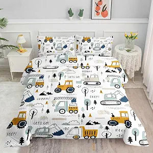 Kids Cartoon Excavator Bedding Comforter Sets for Boy and Girls,Construction Truck Bulldozer Tree Pattern Comforter Set with 2 Pillowcase and 1 Comforter(Excavator Twin)