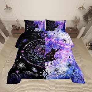 Castle Fairy Cat Comforter Set Twin Size Universe Starry Sky Moon Bedding Comforter Fashion Galaxy Animal Silhouette Duvet Quilt with 1 Pillowcase, Purple Black, Kids Teen Boys Girls Home Decor