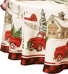 Elrene Home Fashions Vintage Truck Christmas Tree Farm Polyester Tablecloth, 70", Round