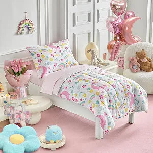 Unicorn Toddler Bedding Set for Girls Light Pink Unicorn Flowers 4PC Toddler Bed Set - Soft Blue Yellow Floral Rainbow Cute Princess Toddler Bed in a Bag with Pink Sheet Set and Pillow Shams