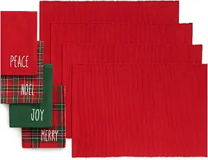 Holiday Christmas Sentiments Placemat and Napkin Value Set of 8 (4 of Each), Multicolor - 13" W x 19" L