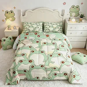 Homewish Cute Frog Comforter Set,Green Frog Bedding Set for Kids Girls Women,Adults Kawaii Animals Comforter,Cartoon Quilted Duvet Set Bedroom Collection Twin Size 2Pcs
