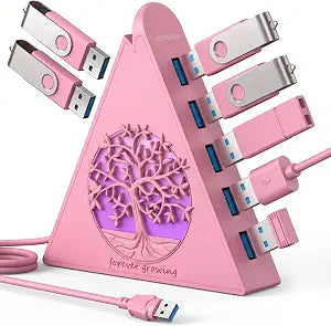 7-Port USB 3.0 Hub, RGB USB Hub with RGB Tree Light and 2ft Cable, USB Hub 3.0 Pink USB Expander for Laptop, PC, Flash Drive, HDD, Console, Printer, Keyboard, Mouse (Pink)