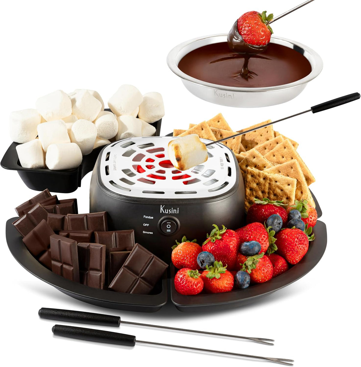 Kusini 2 in 1 Electric Fondue Set & Smores Maker Tabletop Indoor Kit with Removable Trays & 4 Skewers - Smores Station Chocolate Melting Pot - Unique Couple Gift Set Idea, Date & Movie Night Supplies