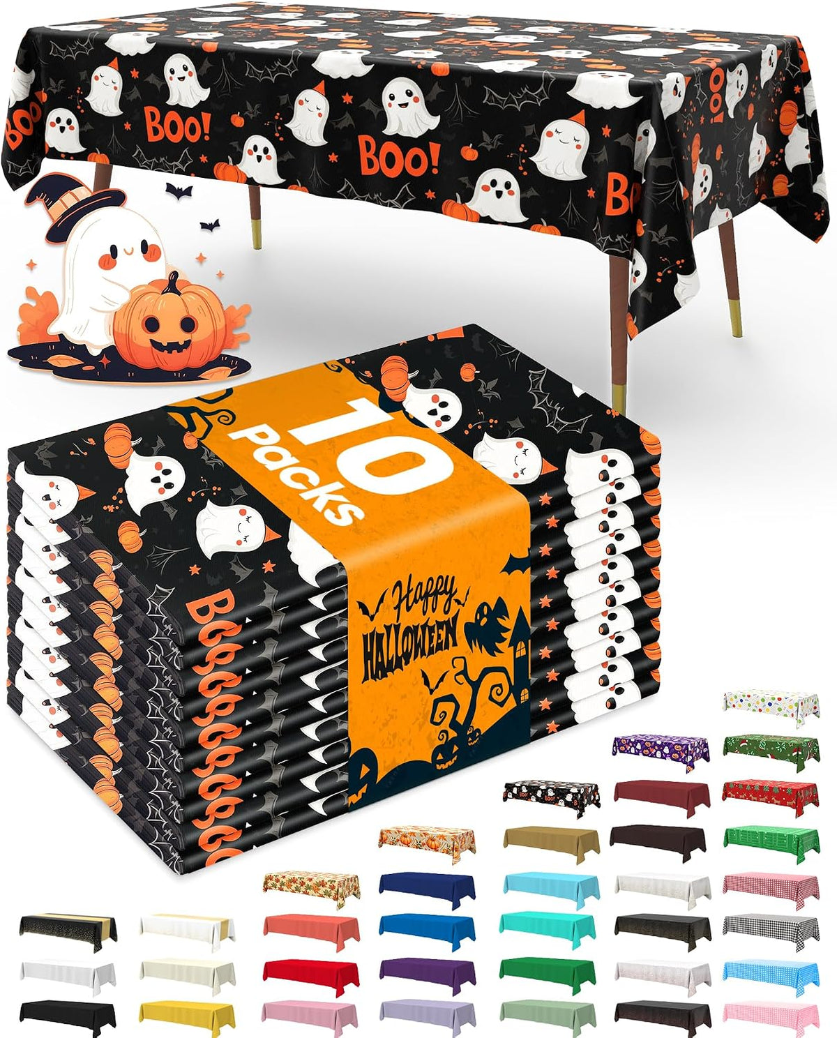 Pureegg Plastic Table Cloth Disposable 54x108 Inch 10 Pack Halloween Black
