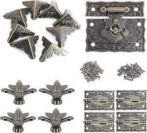 Uenhoy Jewelry Box Hardware Set, Antique Brass Hinge Latch Kit, 17 Pcs