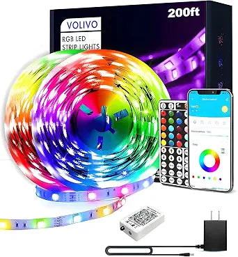 VOLIVO LED Strip Lights for Bedroom 200ft(2 Rolls of 100 ft), Smart Bluetooth RGB Light Strips with App Control & Music Sync, Color Changing LED Lights for Room, Home, Party Decor
