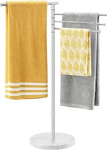 39 Inch Tall Towel Racks for Bathroom, Freestanding Towel Drying Rack with Weighted Marble Base, Rustproof Stainless Steel, 4 Swivel Arms, Nickel, YOFOVI