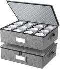 NomNest Mug Storage Box with Hard Shell and Dividers, Stackable China Storage Organizers for Moving, Holds 12 Coffee Mugs, Tea Cups, Glasses for Home Kitchen, 2 Pack Grey