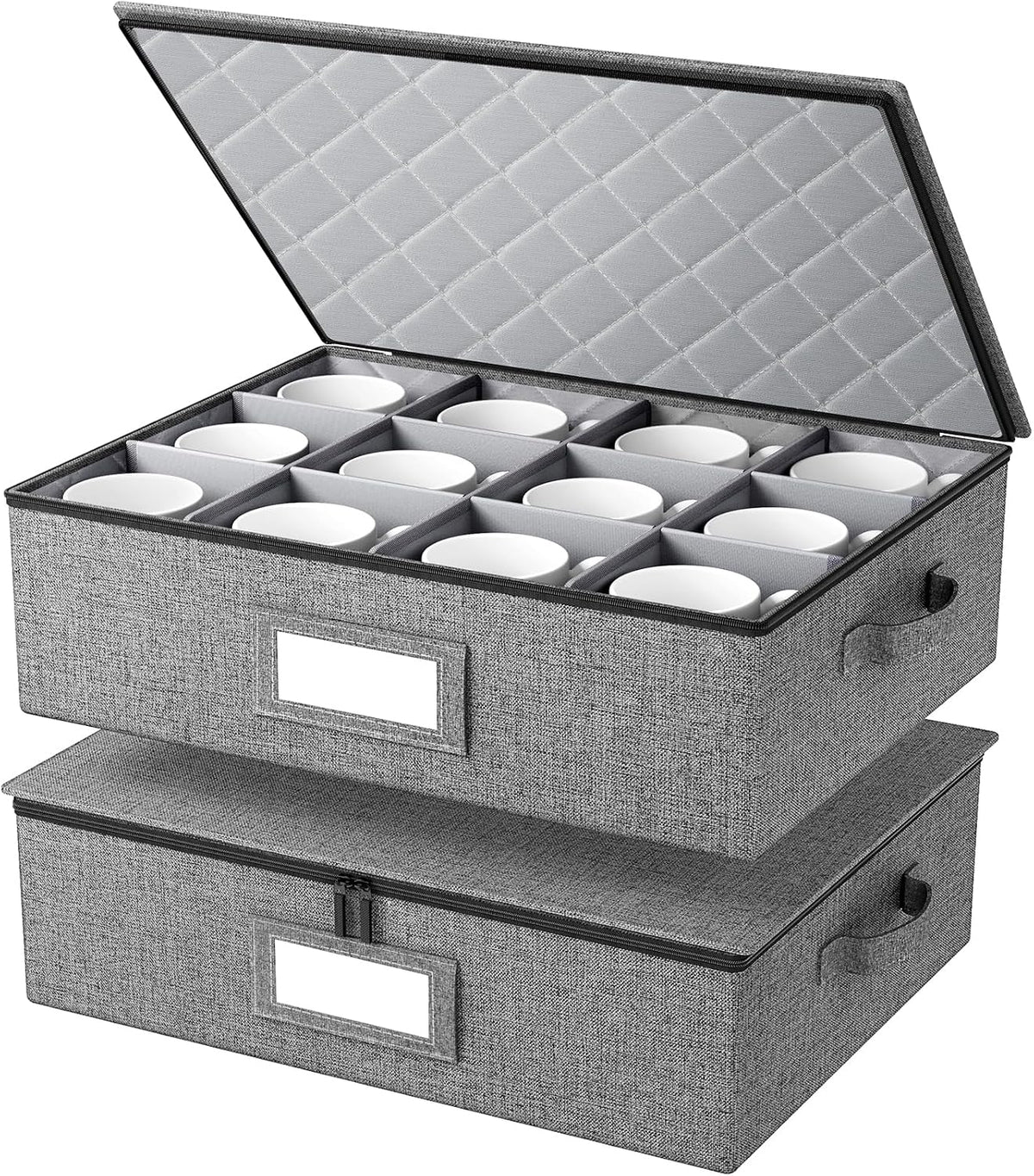 NomNest Mug Storage Box with Hard Shell and Dividers, Stackable China Storage Organizers for Moving, Holds 12 Coffee Mugs, Tea Cups, Glasses for Home Kitchen, 2 Pack Grey