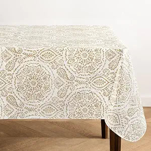 Savannah Boho Paisley Printed Vinyl Indoor/Outdoor Tablecloth, Taupe - 60" W x 120" L