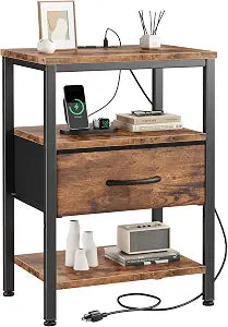 DUMOS Nightstand with Charging Station, Bedside Table with Fabric Drawers
