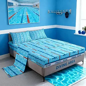 Swimming Kids Sheet Full Size,Swim Sports Games Modern Fashion Bedding Set,Boys Girls Adults Room Decor,Swimming Pool Chic Blue Unique Bed Sheet Set 4pcs(Fitted + Flat + 2 Pillowcases)