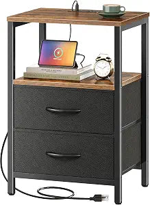 Huuger Nightstand with Charging Station, Side Table with Fabric Drawers