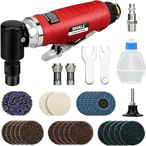 SHALL Right Angle Die Grinder, 90 Degree, 1/4" & 1/8" Collets, 24PCS Sanding Discs, Air Connector, Lubricant and Chuck Key Included, for Grinding, Polishing, Deburring, Engraving and Rust Removal