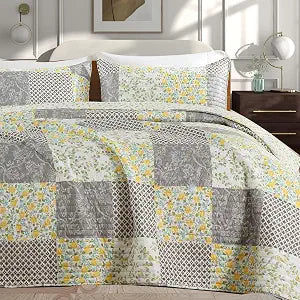 Quilt Set King Size Floral Patchwork Quilted, Soft Comforter Set Bedding Sets, Coverlet Bedspread Decorative Quilts with 2 Pillow Shams 90"x104"