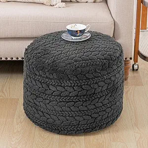Poofieotto Unstuffed Ottoman Pouf Cover  Round Faux Fur Footstool Plush Floor Pouf (No Filler Included) Perfect for Living Room, Bedroom, or Office Lounge (Gray, 20x20x15 in)