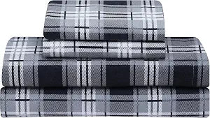 Feather & Stitch 100% Cotton Flannel Twin Sheet Set, 3 Piece Brushed Cotton Flannelette Flat Sheet, Winter Fitted Sheet, Heavy Weight Bedding, 16" Deep Pocket (Grey Plaid)