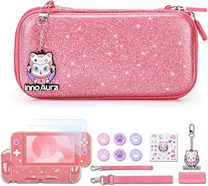 innoAura Switch Lite Case, 15-in-1 Accessories Set with Carrying Case, Screen Protector, Cat Thumb Caps (Glitter Pink)