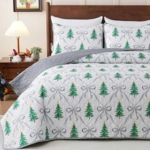 3 Piece Christmas Quilts Queen Size Christmas Tree Quilt Bedding Set with 2 Pillow Shams Checkered Reversible Comforter with Bow Winter Xmas Comforter Bedspread Coverlet (90'' X 90'')
