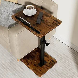 YUHFERA Sofa Armrest Tray Table for Couch - 360 Swivel Height Adjustable End for Small Spaces, Snack Side Table for Bed or Chair with Phone & Tablet Slot (Rustic,Standard)
