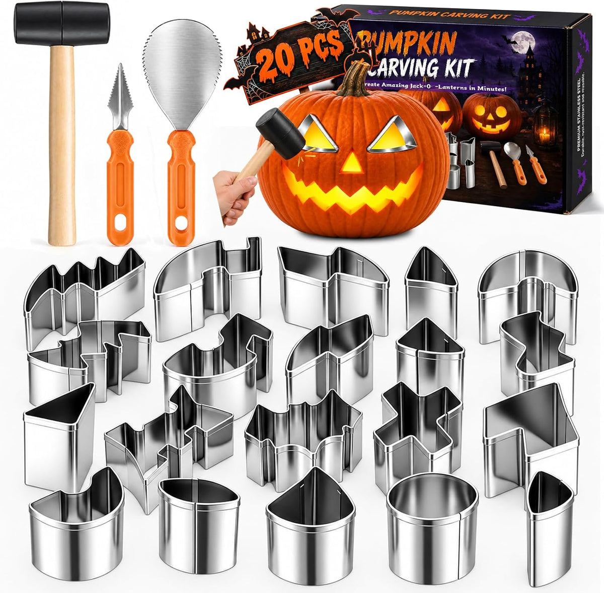LOEUO 23 Pcs Pumpkin Carving Kit with 3 Heavy-Duty Tools & 20 Stencils