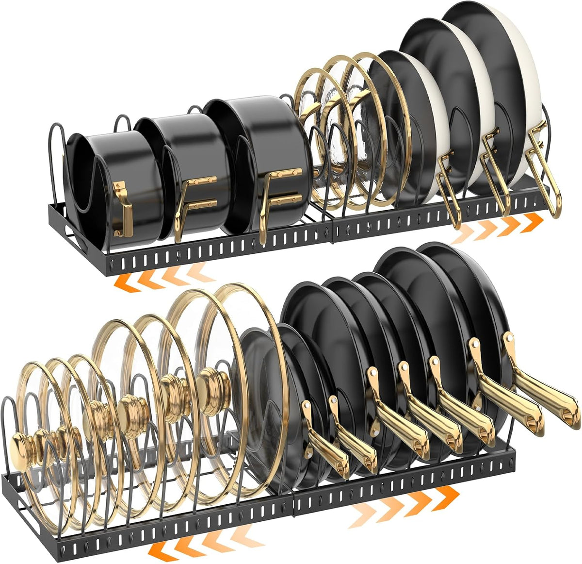 NomNest 2PACK Expandable (12"-24") Pots and Pans Organizer Under Cabinet, 32 Adjustable Dividers for Kitchen, Pot Lid Organizers Inside Cabinet, Pan Lid Holder with Non-slip Feet