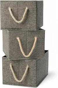 Amazon Basics Foldable Storage Bins with Rope Handles, Closet Organizers, Storage Baskets for Organizing, Large, Charcoal, 3-Pack