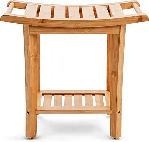 Bamboo Shower Bench with Handles and Shelf  Waterproof Stool for Inside Shower, Bathroom Foot Rest, Shaving Seat, Bamboo Shower Chair for Adults